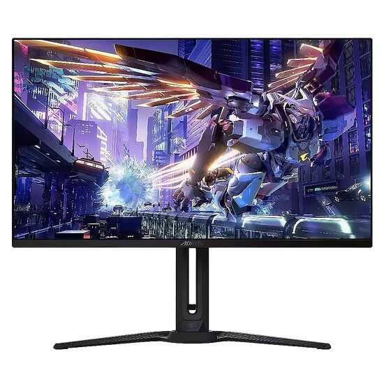 Écran de PC gamer Aorus affichant une scène de combat futuriste avec un personnage ailé dans une ville nocturne. L'écran est monté sur un pied noir robuste.