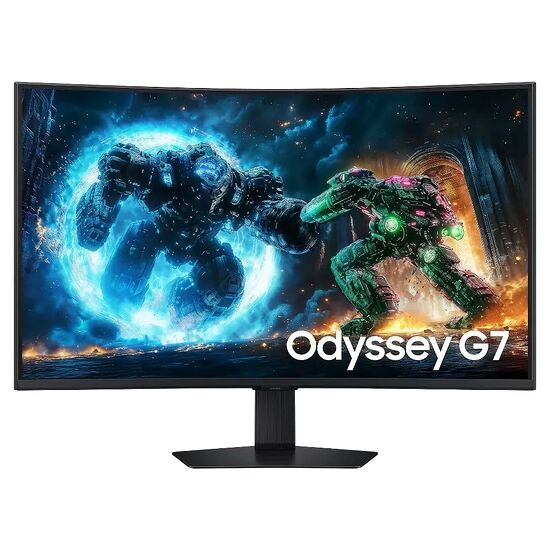 Écran incurvé Samsung Odyssey G7 affichant une scène de combat entre deux robots géants dans un univers de science-fiction.
