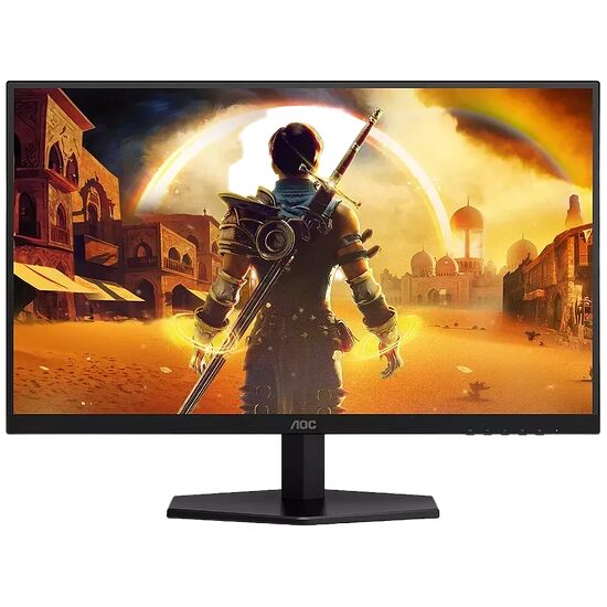 Écran de PC gamer AOC affichant une illustration fantastique d'un personnage avec une épée devant un paysage désertique et un arc-en-ciel.