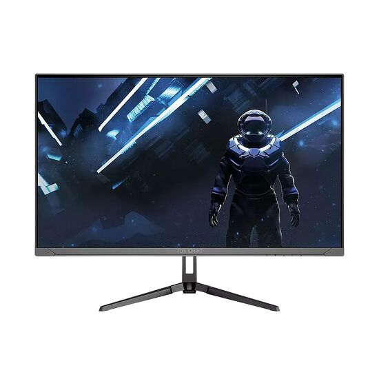 Écran PC Fox Spirit avec un design incurvé, affichant une image de science-fiction spatiale. L'écran est monté sur un pied en forme de V noir.