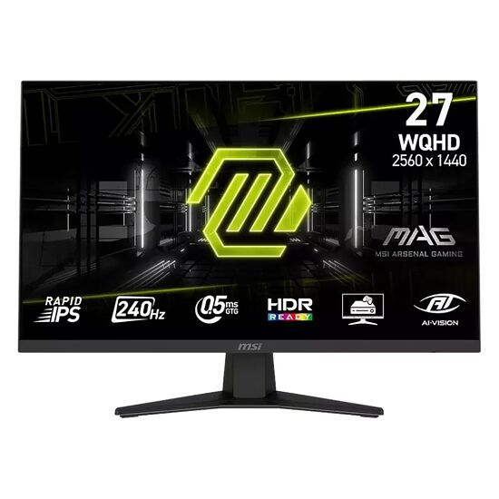 Écran de gaming MSI de 27 pouces avec résolution WQHD, dalle Rapid IPS et taux de rafraîchissement de 240Hz. L'écran affiche des caractéristiques comme le HDR Ready et l'AI-Vision.