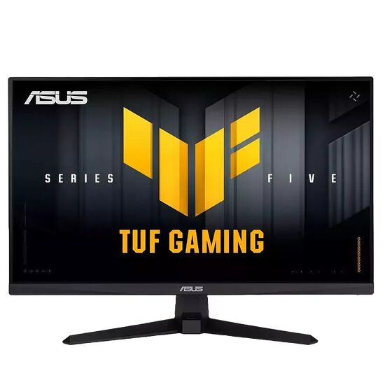 Écran de PC gamer ASUS de la gamme TUF Gaming, avec un pied en forme de V et un affichage montrant le logo TUF Gaming sur fond noir et jaune.