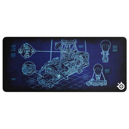 Tapis de souris rectangulaire noir affichant un schéma technique bleu de style blueprint représentant un véhicule futuriste et des montgolfières.