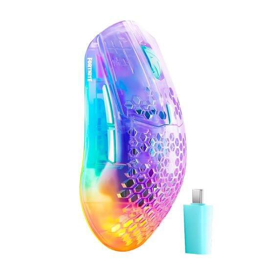 Souris sans fil Fortnite avec un design translucide aux couleurs arc-en-ciel et une coque perforée en nid d'abeille, accompagnée de son récepteur USB.