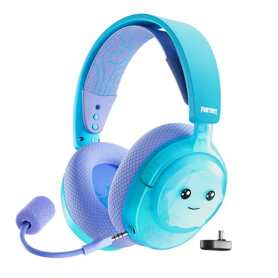 Casque Fortnite bleu et violet avec un motif de visage souriant sur l'écouteur et un micro intégré.