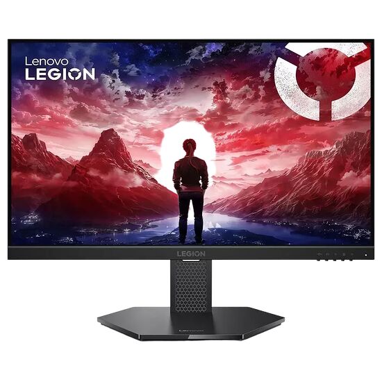 Écran de PC gamer Lenovo Legion affichant un paysage montagneux spectaculaire sous un ciel rouge et violet. L'écran est monté sur un pied noir avec un motif en nid d'abeille.