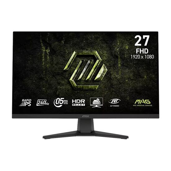 Écran de gaming MSI de 27 pouces, résolution FHD 1920 x 1080, avec dalle Rapid IPS, taux de rafraîchissement de 240Hz et technologie HDR Ready.