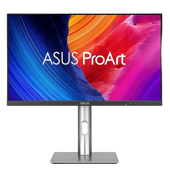 Écran ASUS ProArt avec un fond d'écran abstrait coloré affichant le nom de la gamme. L'écran est monté sur un pied argenté élégant.
