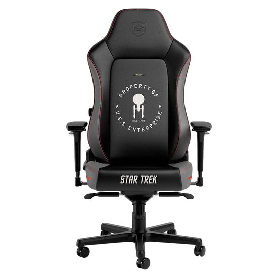 Chaise de bureau gaming Star Trek noire avec des détails rouges et le logo de l'U.S.S. Enterprise brodé sur le dossier.