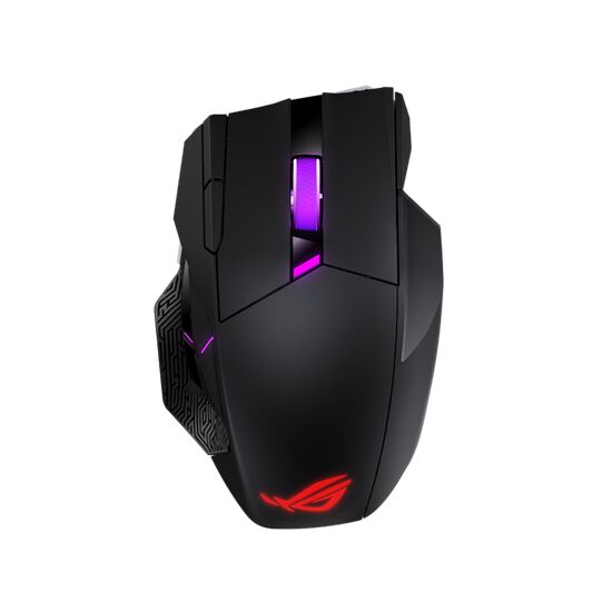 Souris gaming ASUS avec éclairage RGB violet sur la molette et logo rouge sur le dessus.