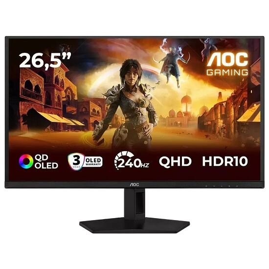 Écran de gaming AOC de 26,5 pouces avec technologie QD-OLED, affichant une fréquence de rafraîchissement de 240Hz, une résolution QHD et le support HDR10.