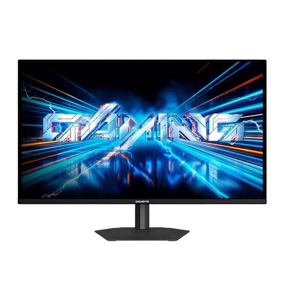 Écran de PC gamer Gigabyte affichant un fond d'écran abstrait bleu et noir avec l'inscription "GAMING".