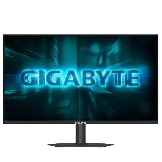 Écran de PC Gigabyte affichant un fond d'écran bleu dynamique avec le logo de la marque au centre.