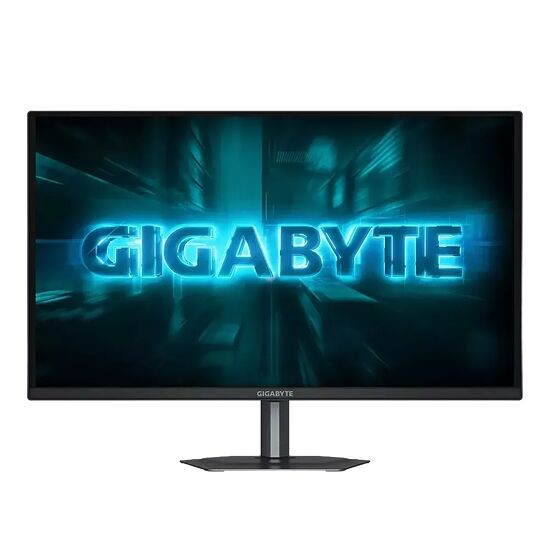 Écran de PC Gigabyte avec un fond d'écran bleu néon affichant le logo de la marque.