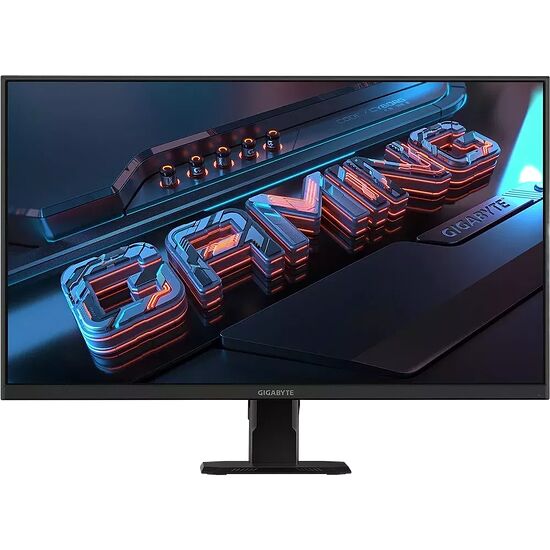 Écran de PC Gamer Gigabyte affichant un fond d'écran stylisé avec des lettres en relief aux reflets orangés.