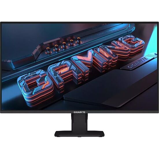 Écran de PC gamer Gigabyte avec un fond d'écran stylisé affichant le logo Gigabyte en relief avec des effets de lumière néon.
