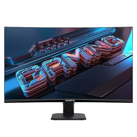 Écran de PC gamer Gigabyte avec un fond d'écran affichant le mot "GAMING" en relief avec des effets de lumière néon.