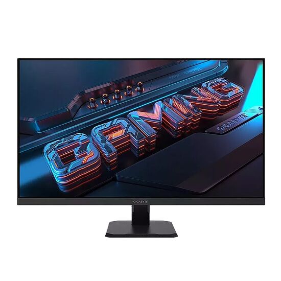 Écran de PC gamer Gigabyte avec un fond d'écran stylisé affichant le mot "GAMING" en relief avec des effets de lumière néon.