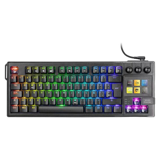 Clavier gaming rétroéclairé RGB de marque Mars Gaming, avec touches de raccourcis multimédias sur le côté droit et câble USB.