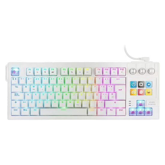 Clavier mécanique blanc avec rétroéclairage RGB multicolore et une zone de contrôle tactile sur le côté droit.