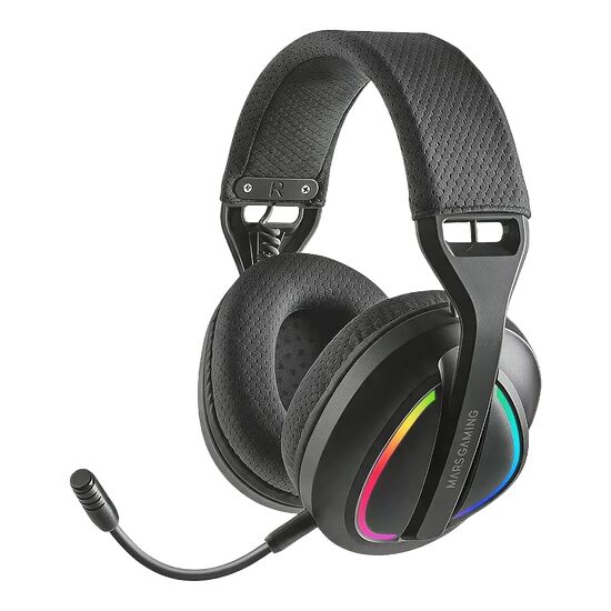 Casque gaming Mars Gaming avec un bandeau noir texturé, des coussinets rembourrés et un micro intégré. Le casque présente un éclairage RGB coloré sur les côtés.