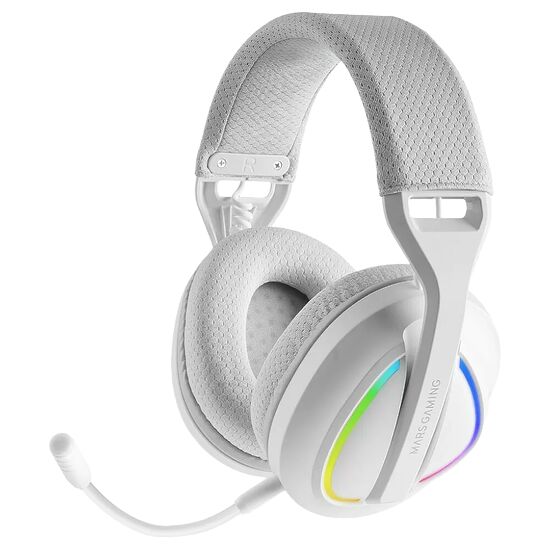 Casque gaming blanc Mars Gaming avec un bandeau rembourré et un micro intégré. Les écouteurs présentent un éclairage RGB coloré sur les côtés.