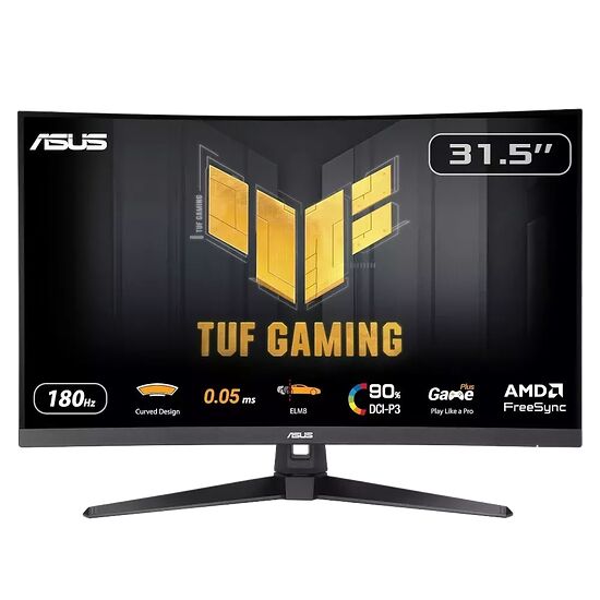 Écran incurvé ASUS TUF Gaming de 31,5 pouces affichant un taux de rafraîchissement de 180Hz et la technologie AMD FreeSync.