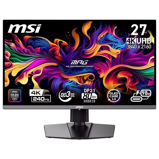 Écran de gaming MSI de 27 pouces avec dalle OLED, résolution 4K UHD et taux de rafraîchissement de 240 Hz. L'image affiche des couleurs vives et les caractéristiques techniques comme le temps de réponse de 0,03 ms.