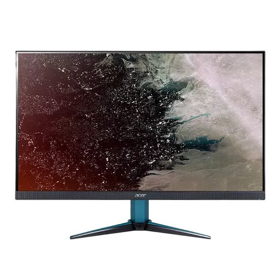 Écran de PC Acer avec un fond d'écran abstrait aux nuances de rouge, noir et blanc, monté sur un pied en forme de V de couleur noire et bleue.