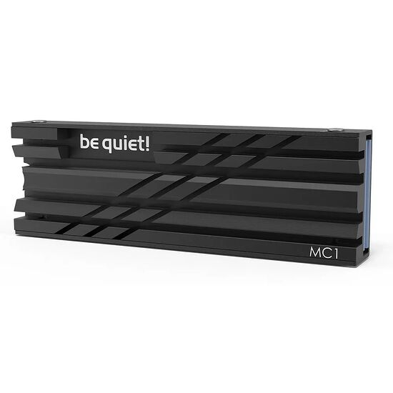 Un boîtier de montage noir de la marque be quiet! modèle MC1, présentant un design à lamelles horizontales.