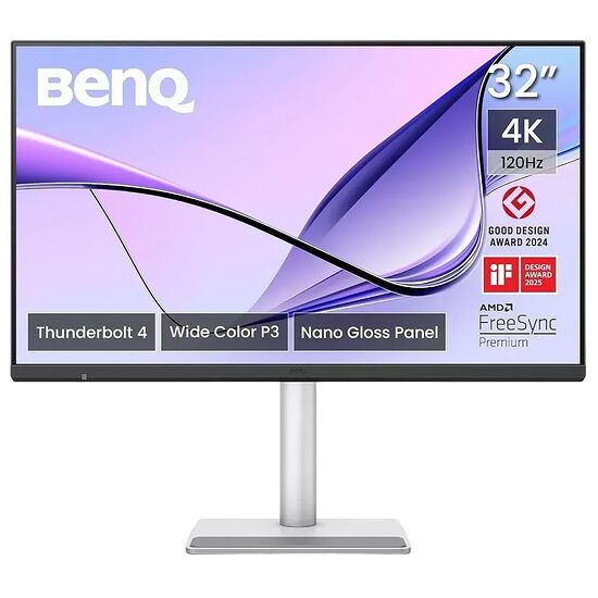 Écran BenQ de 32 pouces avec résolution 4K et taux de rafraîchissement de 120Hz. L'écran affiche des caractéristiques comme le support Thunderbolt 4, le Wide Color P3 et la technologie AMD FreeSync Premium.