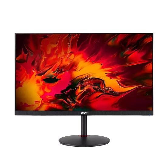 Écran Acer affichant un fond d'écran abstrait aux couleurs rouge et jaune. L'écran est monté sur un pied noir circulaire.
