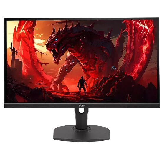 Écran de PC gamer Acer affichant une illustration fantastique d'un dragon rouge imposant face à un personnage. L'écran est monté sur un pied noir réglable.