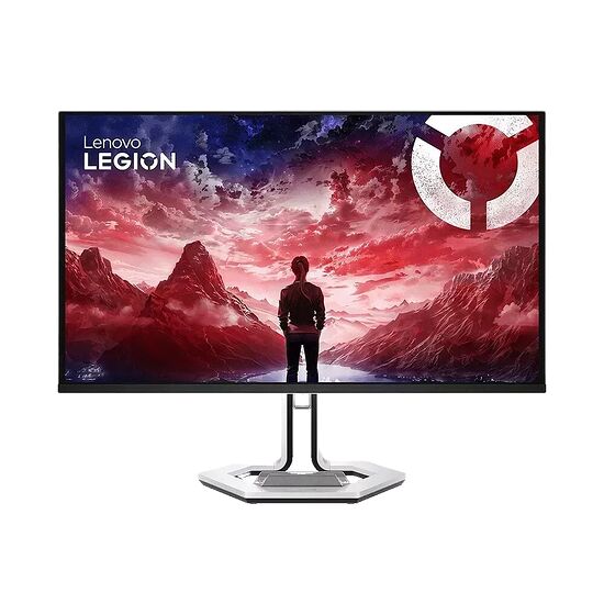 Écran de PC gamer Lenovo Legion affichant un paysage montagneux spectaculaire sous un ciel rouge, avec un pied de support hexagonal argenté.
