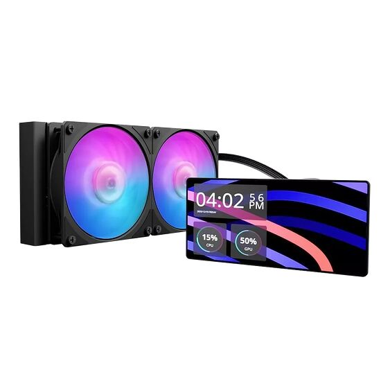 Un système de refroidissement liquide avec deux ventilateurs à éclairage RGB et un écran LCD intégré affichant l'heure et les statistiques du processeur et de la carte graphique.