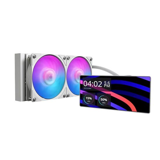 Refroidisseur liquide pour processeur avec deux ventilateurs à éclairage RGB et un écran LCD intégré affichant des informations système.