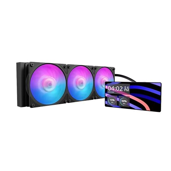 Ventilateur de PC avec trois pales rétroéclairées en RGB et un petit écran LCD affichant l'heure et les statistiques système.