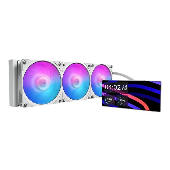 Trois ventilateurs de PC avec éclairage RGB multicolore et un petit écran LCD affichant l'heure et l'utilisation du processeur et de la carte graphique.