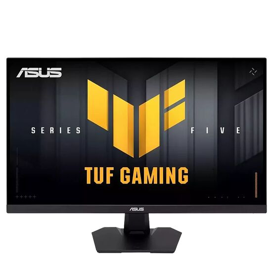 Écran de PC gamer ASUS de la série TUF Gaming, affichant un fond d'écran graphique noir et jaune.