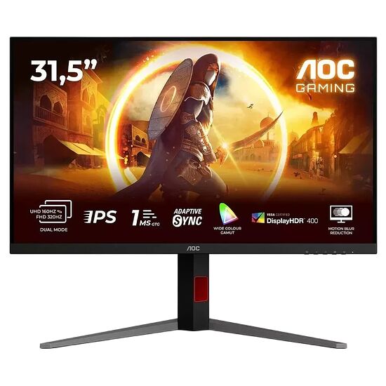 Écran de gaming AOC de 31,5 pouces affichant une image de combat. L'écran présente un mode dual avec des taux de rafraîchissement allant jusqu'à 320Hz et une technologie Adaptive Sync.