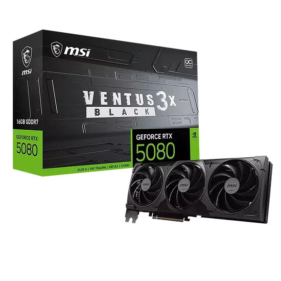 Carte graphique MSI GeForce RTX 5080 Ventus 3X Black avec 16 Go de mémoire GDDR7, présentée avec sa boîte d'emballage noire et verte.