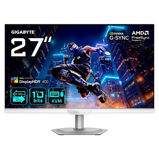 Écran de gaming Gigabyte de 27 pouces affichant une image d'action urbaine. L'écran supporte la technologie DisplayHDR 400, le G-Sync et le FreeSync, avec une résolution 4K à 160Hz.