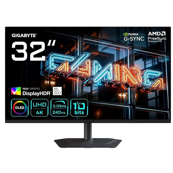 Écran de gaming Gigabyte de 32 pouces avec dalle OLED, résolution UHD 4K et taux de rafraîchissement de 240Hz. L'écran affiche les technologies NVIDIA G-Sync et AMD FreeSync Premium Pro.