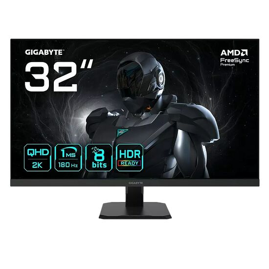 Écran de PC Gamer Gigabyte de 32 pouces, affichant une résolution QHD 2K, un taux de rafraîchissement de 180 Hz et la technologie AMD FreeSync Premium.