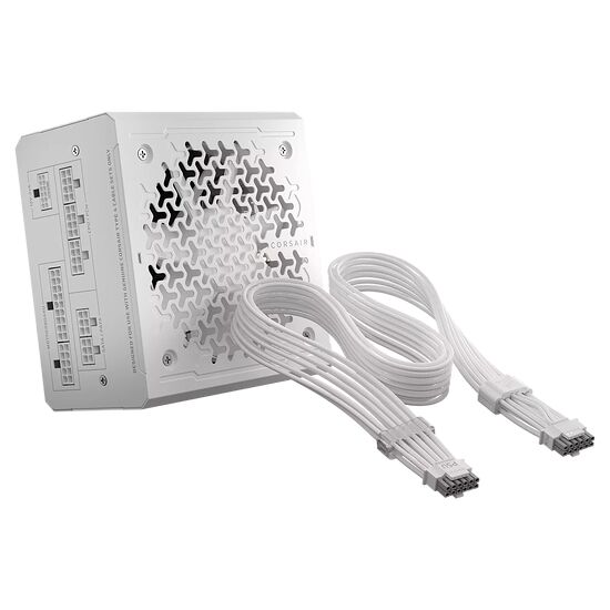 Bloc d'alimentation Corsair blanc avec ses câbles modulaires assortis.