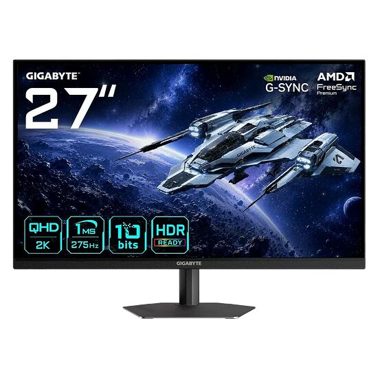 Écran de PC Gamer Gigabyte de 27 pouces avec résolution QHD, taux de rafraîchissement de 275Hz et technologie HDR Ready. L'image affiche un vaisseau spatial dans l'espace.