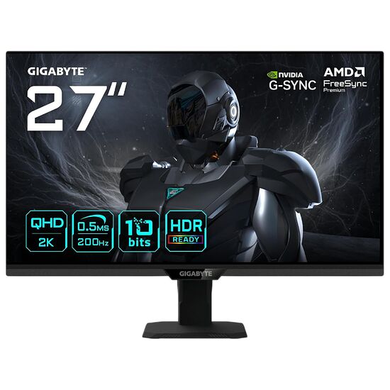 Écran de gaming Gigabyte de 27 pouces avec résolution QHD 2K, taux de rafraîchissement de 200Hz et technologie HDR. L'écran affiche également la compatibilité NVIDIA G-SYNC et AMD FreeSync Premium.
