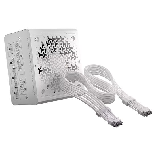 Bloc d'alimentation Corsair blanc avec ses câbles modulaires assortis.