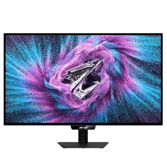Écran de PC gamer Aorus affichant un fond d'écran abstrait avec des volutes de couleurs rose et bleu.