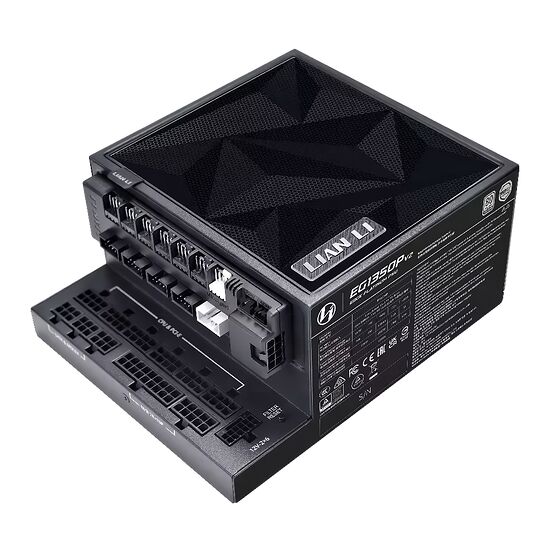 Bloc d'alimentation Lian Li EG1350P V2, de couleur noire avec ses câbles modulaires visibles sur le côté.